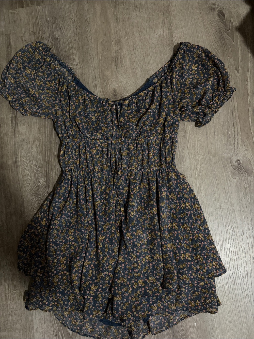 Blush Navy Floral Puff-Sleeve Tunic with Mustard Accents